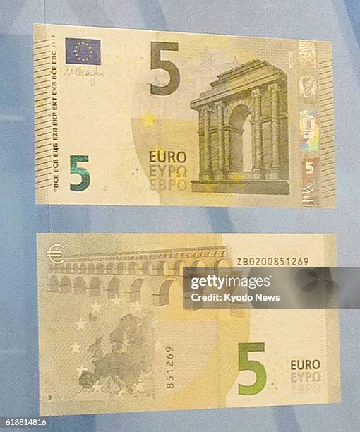 Germany - Photo shows a new 5 euro note unveiled by the European Central Bank in Frankfurt, Germany, on Jan. 10, 2013. The bill will be put into...