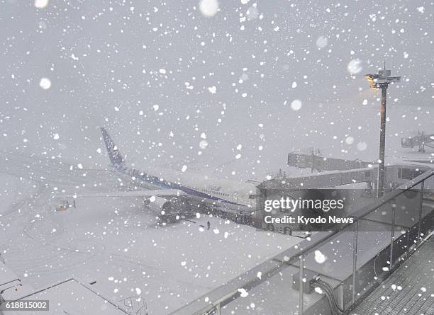 Natori, Japan - Photo shows Sendai airport in Miyagi Prefecture, northeastern Japan, where the runways were closed due to heavy snow on Jan. 14, 2013.