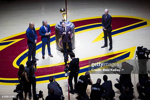 Owner of the Cleveland Cavaliers, Dan Gilbert addresses the crowd before the game against the New York Knicks on October 25, 2016 at Quicken Loans...