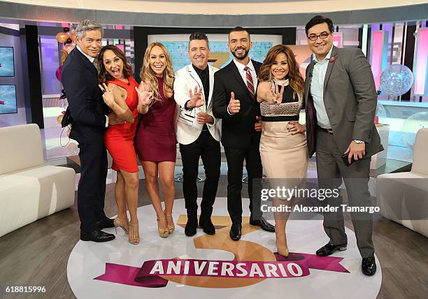 Boris Izaguirre, Cynthia Bague, Karla Gomez, Jorge Bernal, Juan Manuel Cortes, Carolina Sandoval and Luis Alfonso Borrego are seen on the set of...