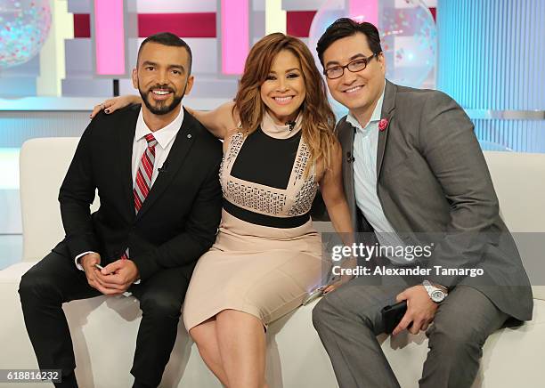 Juan Manuel Cortes, Carolina Sandoval and Luis Alfonso Borrego are seen on the set of "Suelta la Sopa" in celebration of their 3 year anniversary at...