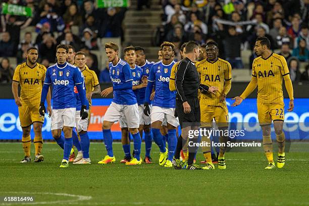 Tottenham Hot Spurs FC players protest while the Juventus FC celebrate their 2nd goal of the game during the International Champions Cup between...