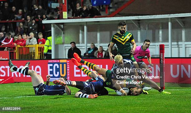 Australia's Blake Ferguson scores his sides first try during the Four Nations match between the Australian Kangaroos and Scotland at Lightstream...