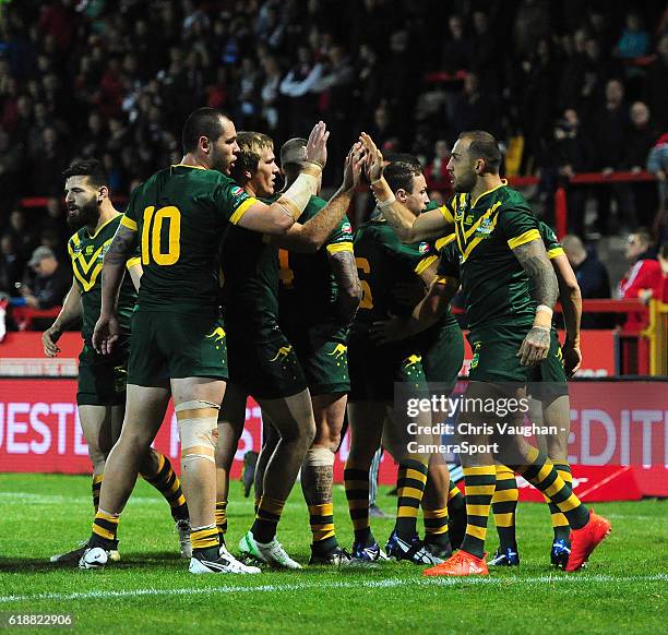 Australia's Blake Ferguson celebrates scoring his sides first try during the Four Nations match between the Australian Kangaroos and Scotland at...