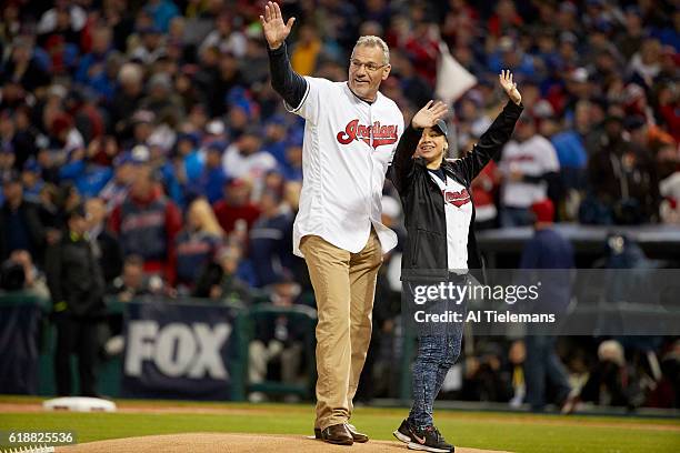 World Series: Former Cleveland Indians Joe Charboneau and Cleveland Boys & Girls Clubs of America member Zaylianny Mojica Mendez on field to deliver...