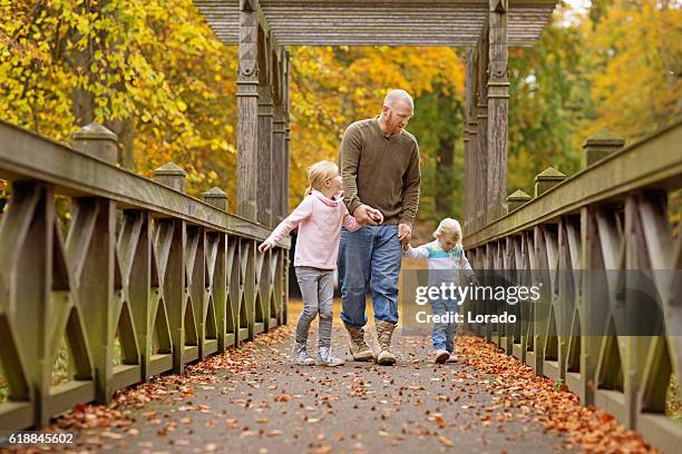 single father and daughters walking together in autumnal park surroundings - widower stock pictures, royalty-free photos & images