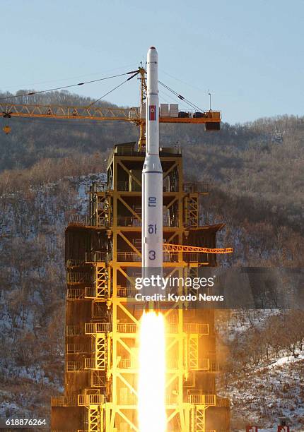 Tongchang-ri, North Korea - File photo shows a North Korean long-range rocket lifting off from the Sohae Space Center in Tongchang-ri, North Korea,...