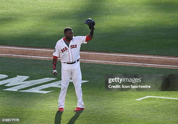 David Ortiz DH of the Boston Red Sox acknowledges the crowd after his final appearance in an All-Star game during the 2016 Major League Baseball...