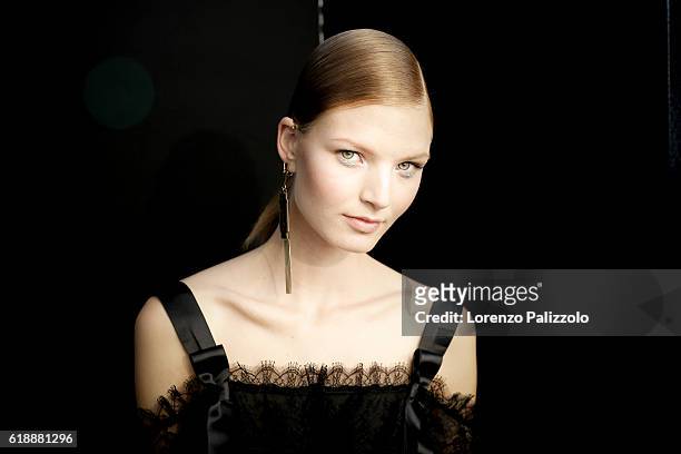 Model poses prior the Shiatzy Chen show as part of the Paris Fashion Week Womenswear Spring/Summer 2017 on October 4, 2016 in Paris, France.