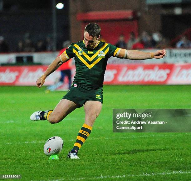 Australia's James Maloney converts Australia's Josh Dugan's try during the Four Nations match between the Australian Kangaroos and Scotland at...