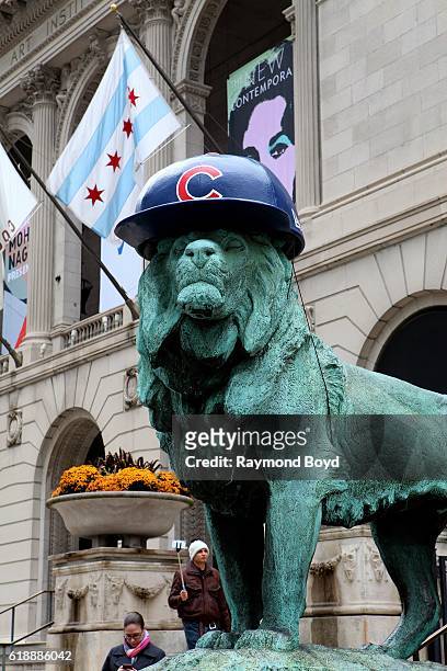 One of the Art Institute of Chicago lions wears a Chicago Cubs helmet to celebrate the Cubs' World Series birth in Chicago, Illinois on October 27,...