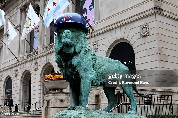 One of the Art Institute of Chicago lions wears a Chicago Cubs helmet to celebrate the Cubs' World Series birth in Chicago, Illinois on October 27,...
