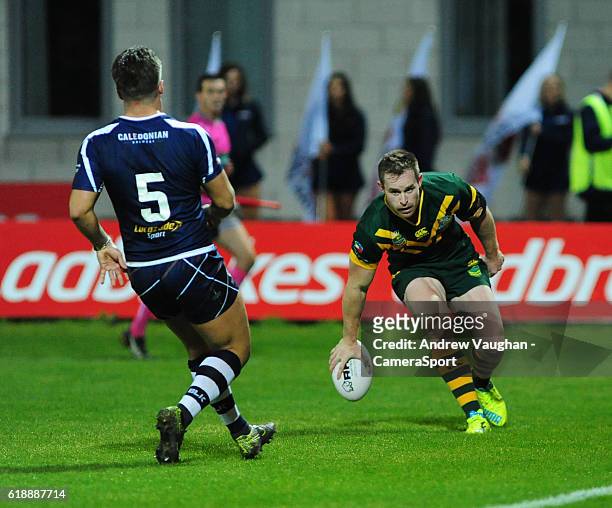 Australia's Michael Morgan scores his sides eighth try during the Four Nations match between the Australian Kangaroos and Scotland at Lightstream...