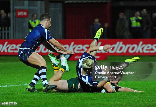 Australia's Jake Trbojevic scores his sides ninth try during the Four Nations match between the Australian Kangaroos and Scotland at Lightstream...