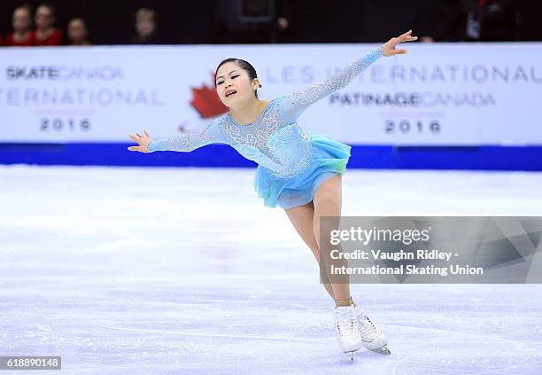 Satoko Miyahara of Japan competes in the Ladies Short Program during the ISU Grand Prix of Figure Skating Skate Canada International at Hershey...