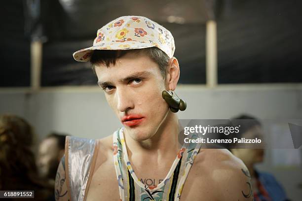 Model poses prior the Vivienne Westwood show as part of the Paris Fashion Week Womenswear Spring/Summer 2017 on October 1, 2016 in Paris, France.