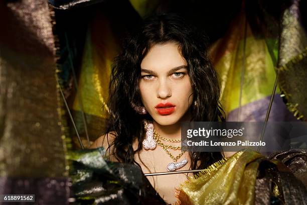 Model Elena Azzaro poses prior the Vivienne Westwood show as part of the Paris Fashion Week Womenswear Spring/Summer 2017 on October 1, 2016 in...