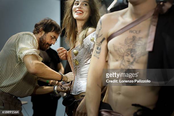 Fashion Designer Andreas Kronthaler is seen backstage prior the Vivienne Westwood show as part of the Paris Fashion Week Womenswear Spring/Summer...