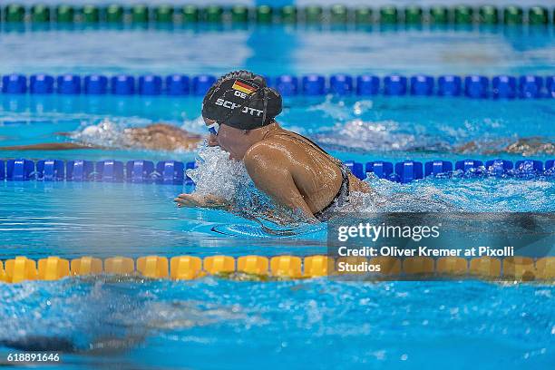 Verena Schott of PSC Berlin e.V./Berlin [paralympic classification: S7/SB5/SM6] taking a deep breath on Day 4 of the Rio 2016 Paralympic Games during...