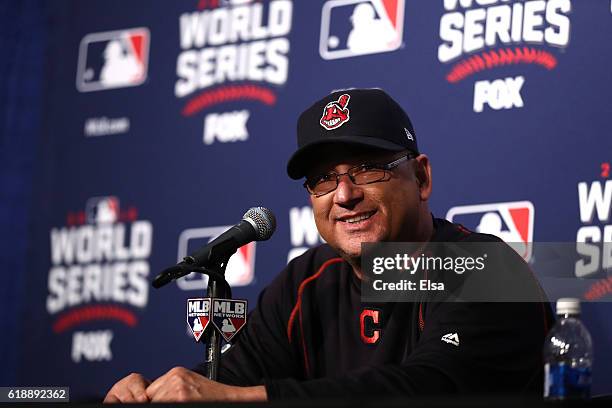 Manager Terry Francona of the Cleveland Indians speaks to the media before Game Three of the 2016 World Series against the Chicago Cubs at Wrigley...