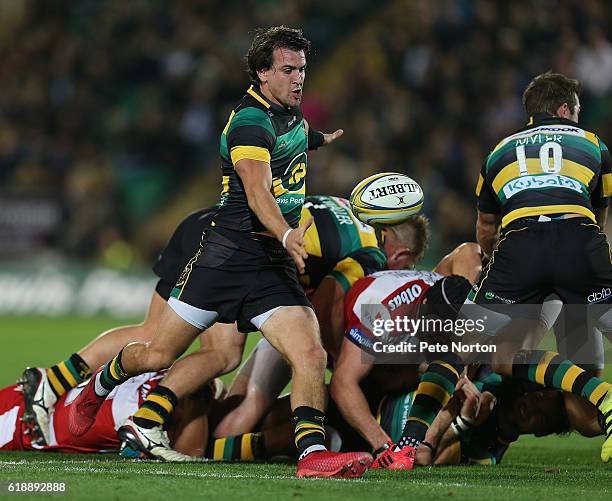 Lee Dickson of Northampton Saints in action during the Aviva Premiership match between Northampton Saints and Gloucester Rugby at Franklin's Gardens...