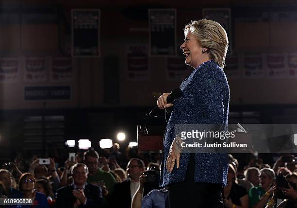 Democratic presidential nominee former Secretary of State Hillary Clinton speaks during a campaign rally at Roosevelt High School on October 28, 2016...