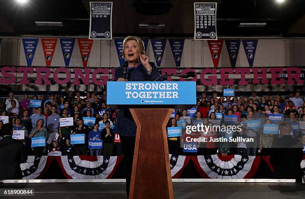 Democratic presidential nominee former Secretary of State Hillary Clinton speaks during a campaign rally at Roosevelt High School on October 28, 2016...