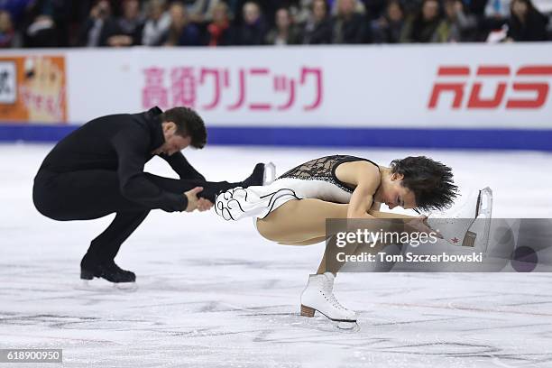 Liubov Ilyushechkina of Canada and Dylan Moscovitch compete in the Pairs Short Program during day one of the 2016 Skate Canada International at...