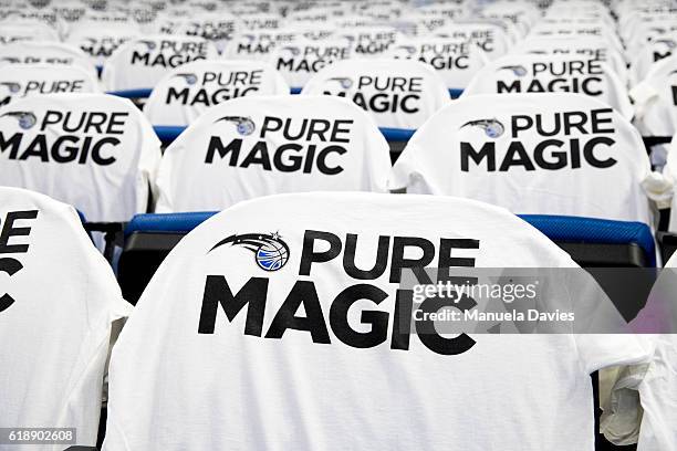 Shirts with the Orlando Magic logo hang over spectator seats before opening night on October 26, 2016 at Amway Center in Orlando, Florida. NOTE TO...