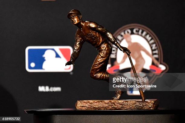Roberto Clemente award on display prior to the 2016 World Series Game 3 between the Cleveland Indians and the Chicago Cubs on October 28 at the...