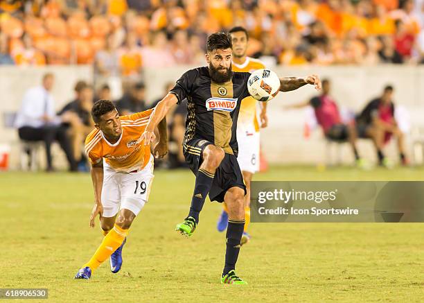 Houston Dynamo forward Mauro Manotas and Philadelphia Union defender Richie Marquez during the MLS soccer match between Philadelphia Union and...