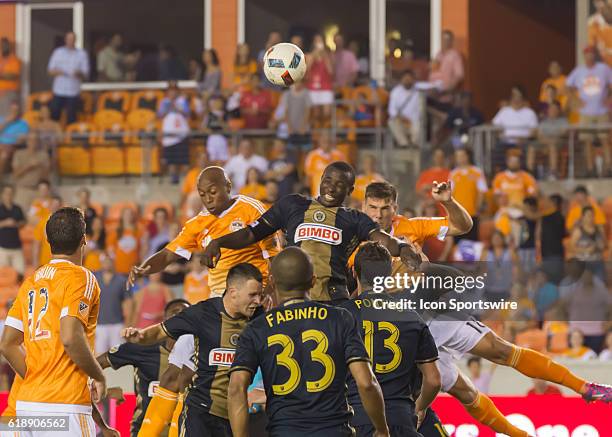 Philadelphia Union midfielder Roland Alberg goes up for a header during the MLS soccer match between Philadelphia Union and Houston Dynamo at BBVA...