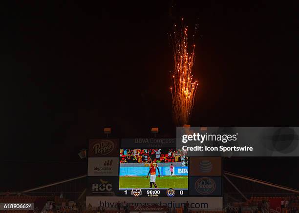 Fireworks are shot in honor of Houston Dynamo midfielder Cristian Maidana , who was named Man of the Match after scoring a goal from a free kick in...