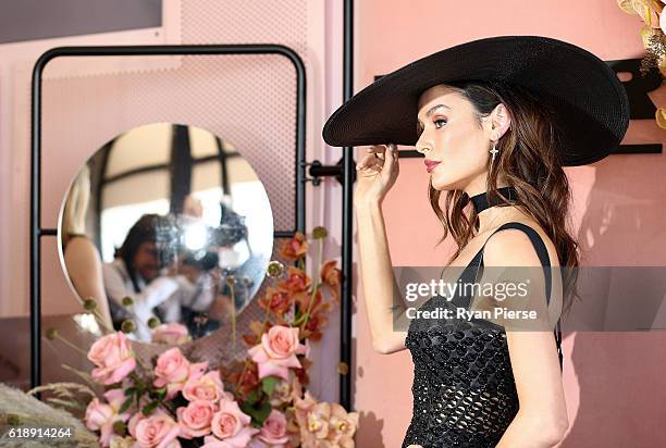 Nicole Trunfio poses at the Myer Marquee on Derby Day at Flemington Racecourse on October 29, 2016 in Melbourne, Australia.