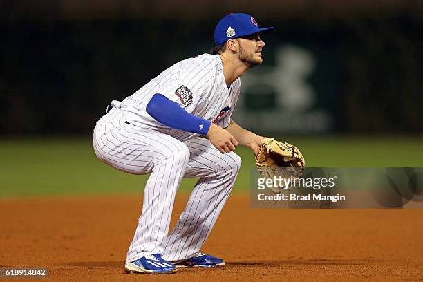Kris Bryant of the Chicago Cubs plays defense at third base during Game 3 of the 2016 World Series against the Cleveland Indians at Wrigley Field on...