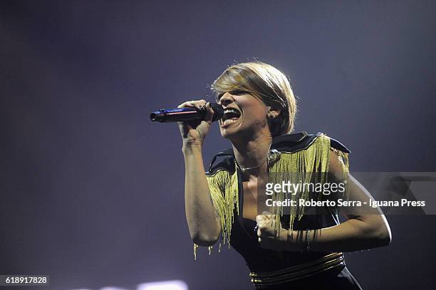 Italian pop singer Alessandra Amoroso performs his concert "Vivere a Colori" at Unipol Arena on October 27, 2016 in Bologna, Italy.