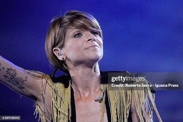 Italian pop singer Alessandra Amoroso performs his concert "Vivere a Colori" at Unipol Arena on October 27, 2016 in Bologna, Italy.