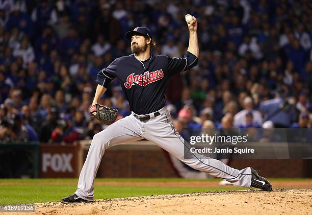 Andrew Miller of the Cleveland Indians pitches in the fifth inning against the Chicago Cubs in Game Three of the 2016 World Series at Wrigley Field...