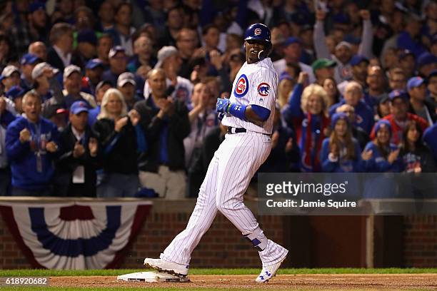Jorge Soler of the Chicago Cubs reaches third base for a triple in the seventh inning against the Cleveland Indians in Game Three of the 2016 World...