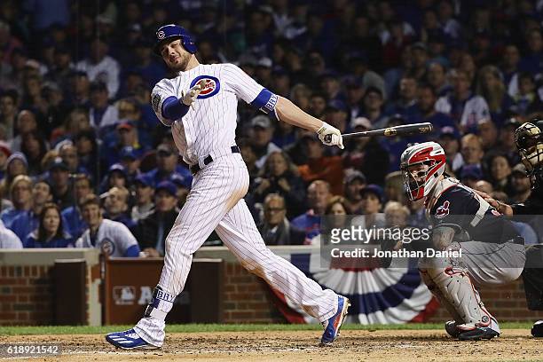 Kris Bryant of the Chicago Cubs strikes out in the sixth inning against the Cleveland Indians in Game Three of the 2016 World Series at Wrigley Field...