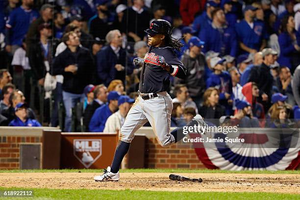 Michael Martinez of the Cleveland Indians scores a run in the seventh inning against the Chicago Cubs in Game Three of the 2016 World Series at...