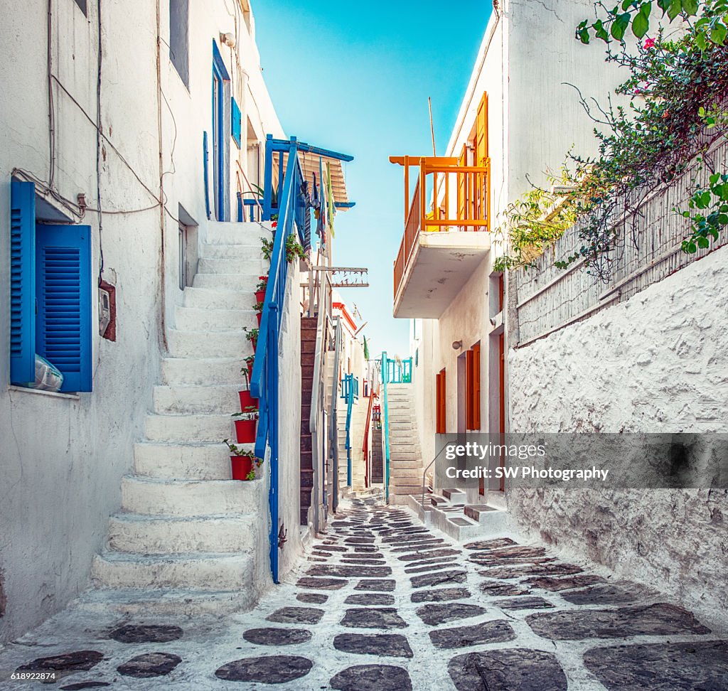 Colorful Street of Mykonos, Greece