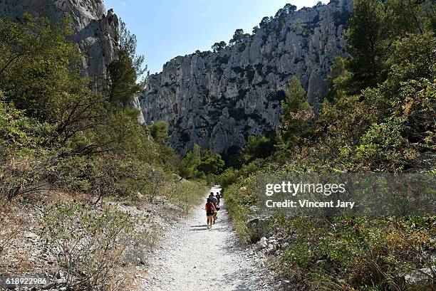 pedestrian walkway with spare vegetation massif des calanques france - calanques stock pictures, royalty-free photos & images