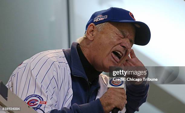 Actor Bill Murray sings "Take Me Out to the Ball Game" during Game 3 of the World Series between the Chicago Cubs and Cleveland Indians on Friday,...