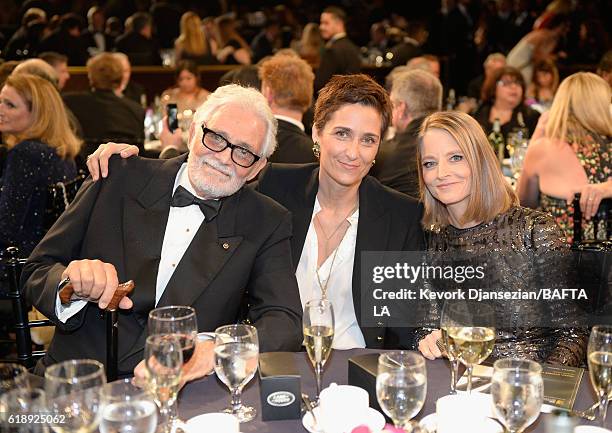 Actor David Hedison, photographer/director Alexandra Hedison, and honoree Jodie Foster attend the 2016 AMD British Academy Britannia Awards presented...