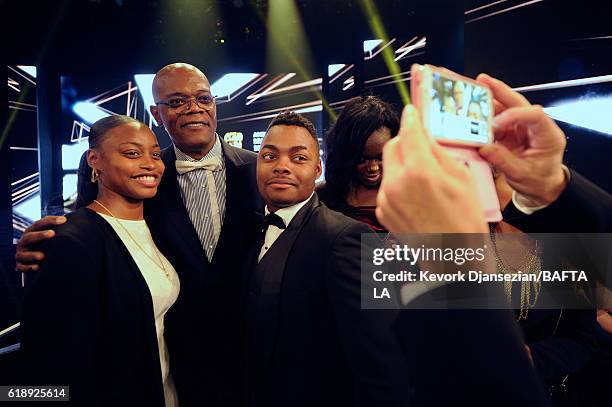 Honoree Samuel L. Jackson poses with students from George Washington Preparatory High School during the 2016 AMD British Academy Britannia Awards...