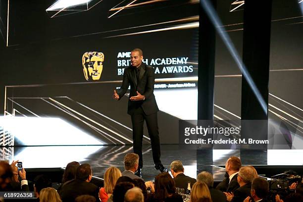 Host Ben 'Doc Brown' Smith speaks onstage during the 2016 AMD British Academy Britannia Awards presented by Jaguar Land Rover and American Airlines...