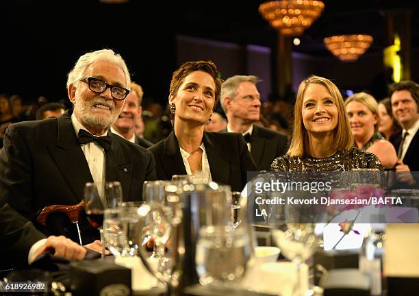 Actor David Hedison, photographer/director Alexandra Hedison, and honoree Jodie Foster attend the 2016 AMD British Academy Britannia Awards presented...