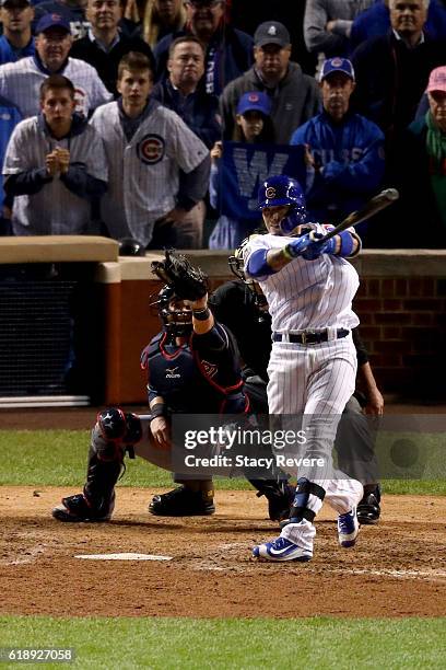 Javier Baez of the Chicago Cubs strikes out to end the game against the Cleveland Indians in Game Three of the 2016 World Series at Wrigley Field on...