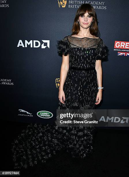 Felicity Jones arrives at the 2016 AMD British Academy Britannia Awards Presented by Jaguar Land Rover And American Airlines at The Beverly Hilton...